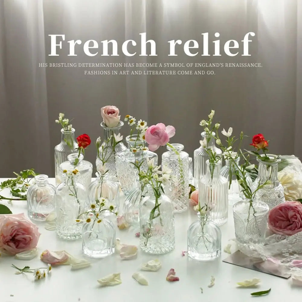 Vintage Relief Vase INS Mini Glass Vase Transparent Hydroponic Plant Vase Desktop Ornaments Wedding Party Supplies Home Decor